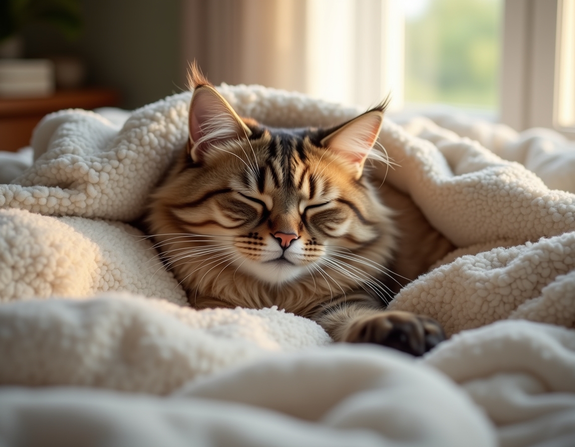 Cat is nestled under soft blankets on a bed, its eyes half-closed in peaceful relaxation. Morning sunlight streams through a nearby window, highlighting the soft textures of the bedding.