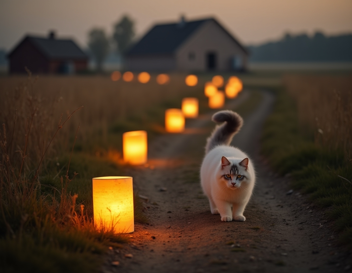 Cat enjoys a quiet walk along a farm path, illuminated by the soft glow of evening lanterns.