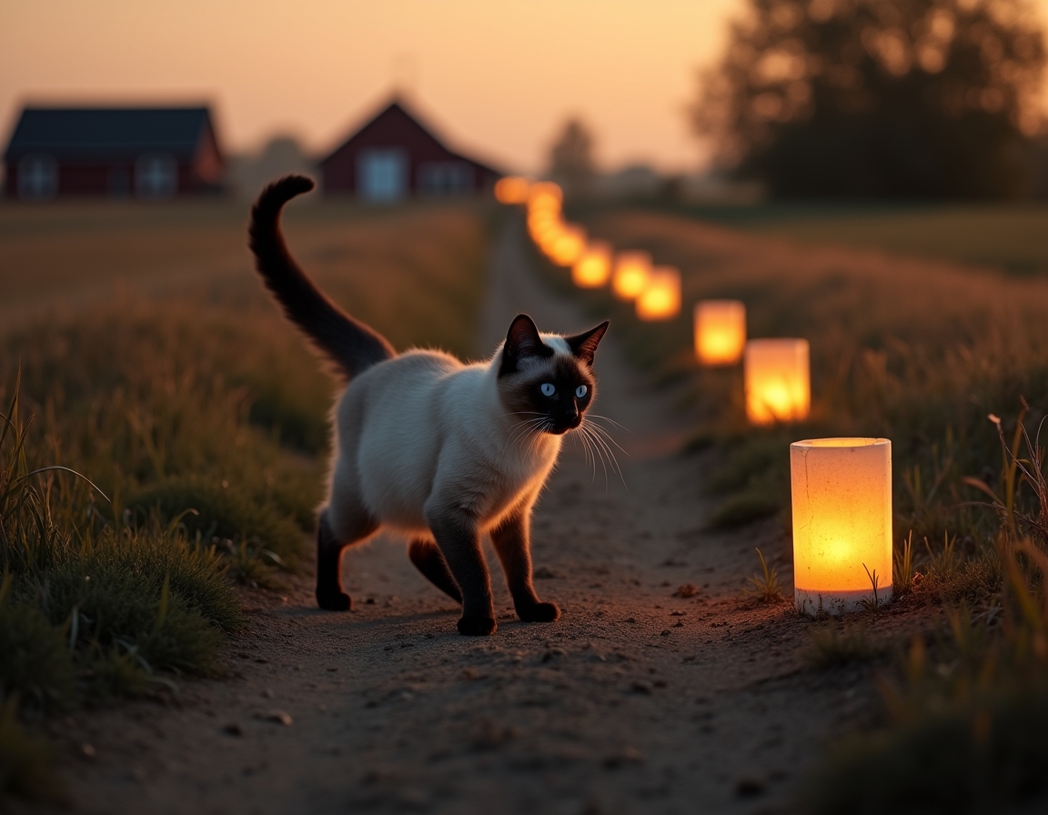 Cat enjoys a quiet walk along a farm path, illuminated by the soft glow of evening lanterns.