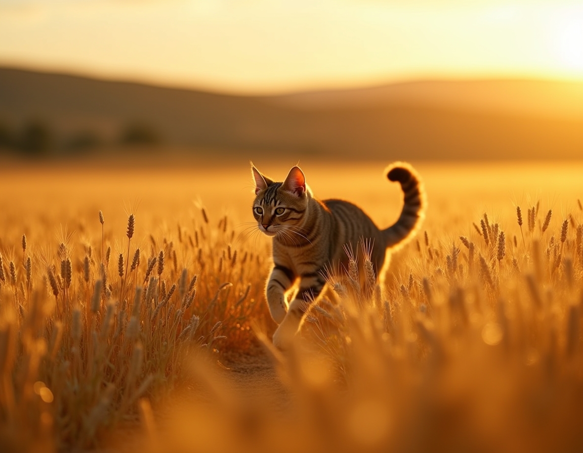 Cat sprints joyfully through a golden field, surrounded by waving wheat and warm light.