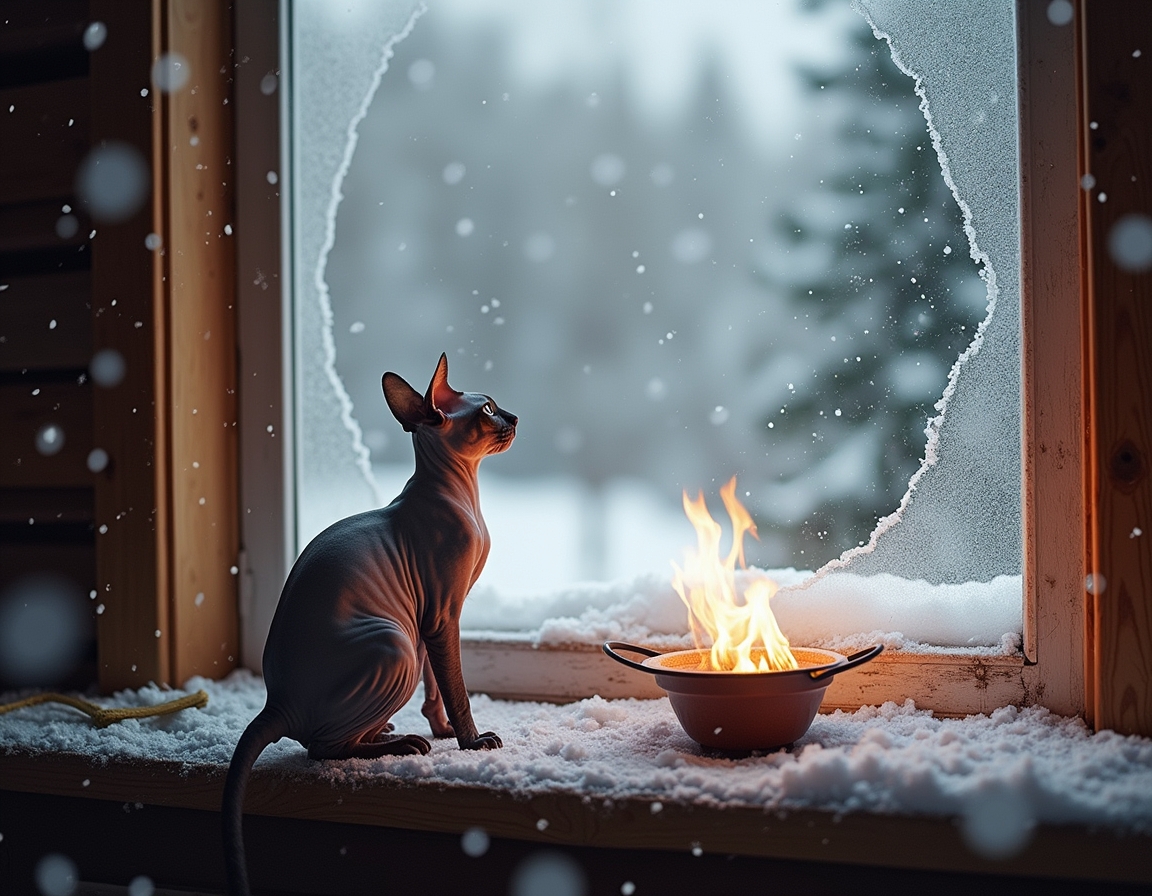 Cat looks out a frosted window at the snowy world outside, while the cozy warmth of the cabin and the glow of the fireplace create a peaceful, inviting atmosphere.