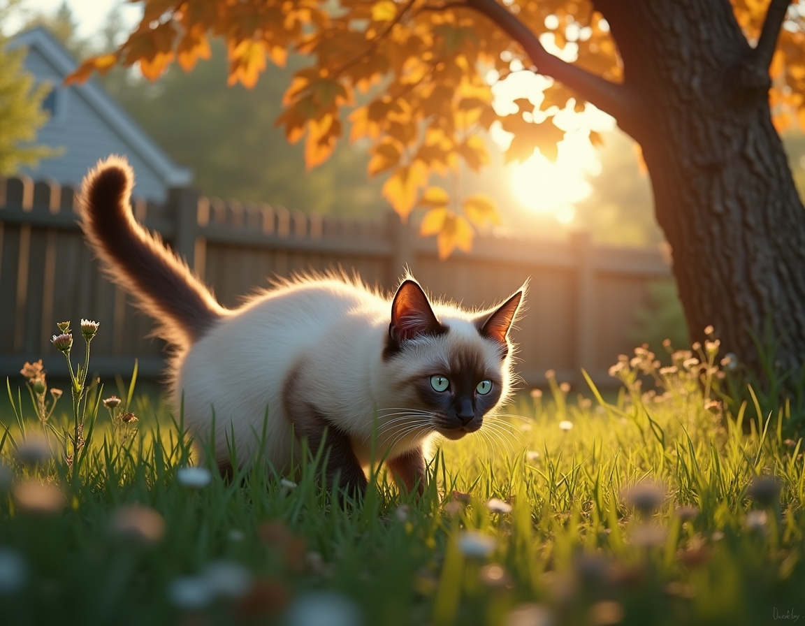 Cat crouches in tall grass, its sharp gaze fixed on a small insect nearby. The warm golden light of sunset and a wooden garden fence frame the scene.
