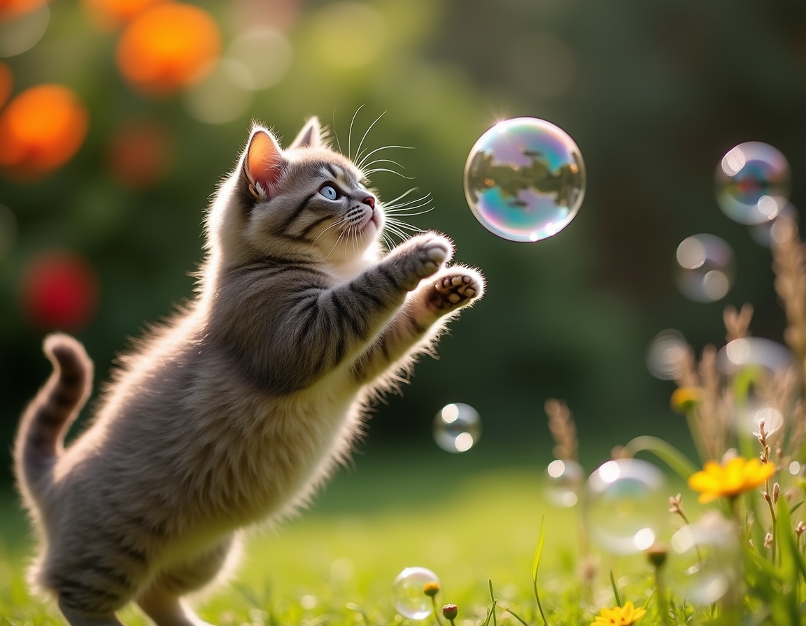 Cat leaps gracefully at a floating bubble, surrounded by a vibrant garden filled with flowers and greenery.