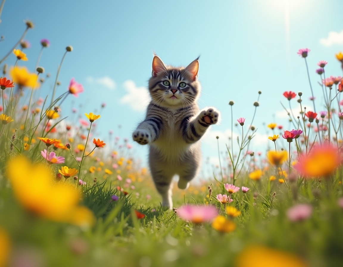 Cat enjoys the beauty of a flower-filled meadow, exploring the bright and colorful setting.