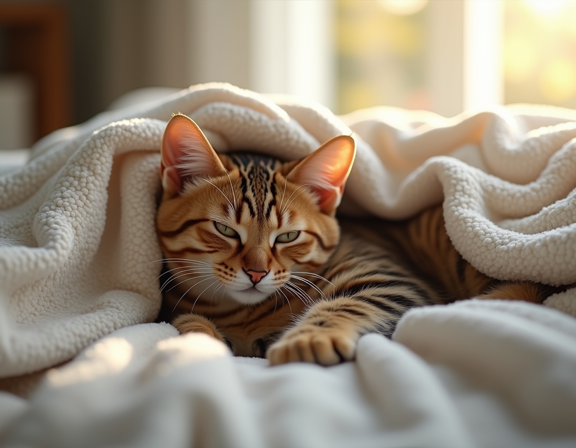 Cat is nestled under soft blankets on a bed, its eyes half-closed in peaceful relaxation. Morning sunlight streams through a nearby window, highlighting the soft textures of the bedding.