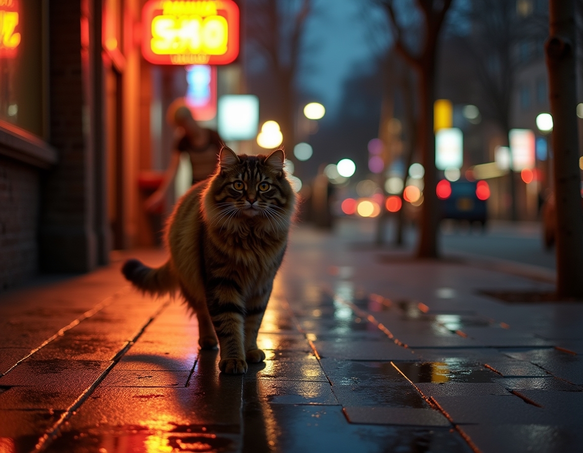 Cat walks through an illuminated cityscape, surrounded by vibrant lights and a serene vibe.