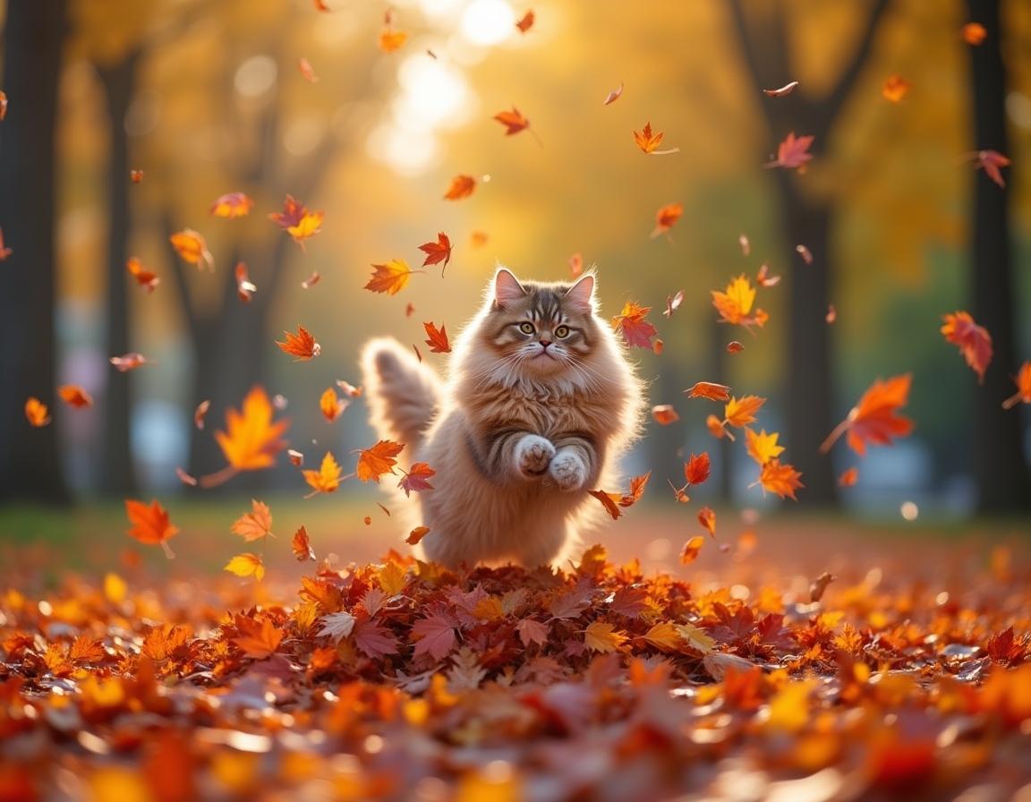 Cat jumps joyfully into a pile of autumn leaves, scattering vibrant colors and radiating playful energy.
