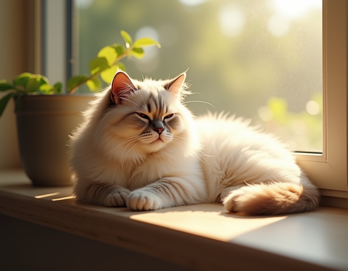 Relaxed cat lies on a sunlit windowsill, its fur glowing in the soft afternoon light. A small potted plant sits nearby, and the blurred background reveals trees outside.