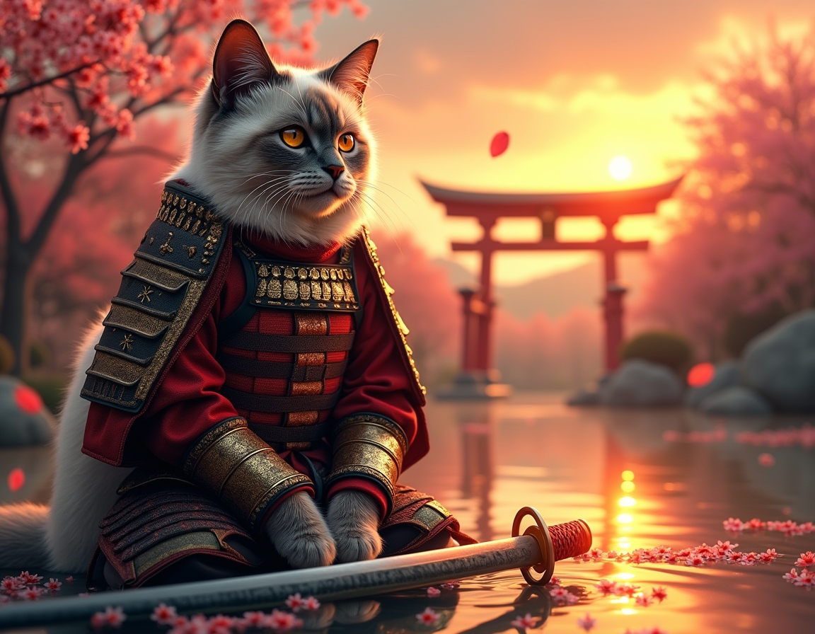 Cat dressed in ornate samurai armor sits in a serene Japanese garden at sunset. Cherry blossoms fall gently, and a koi pond reflects the golden light of the sky.