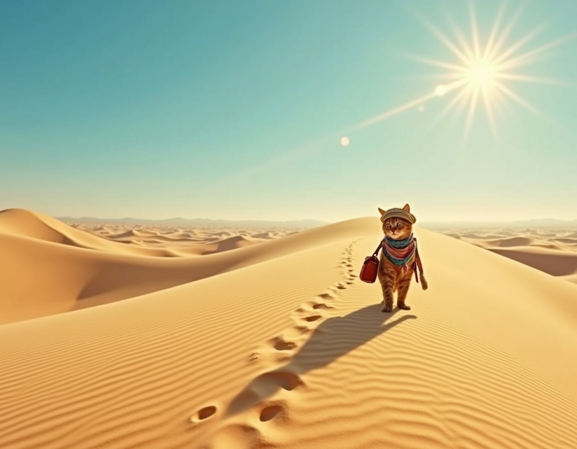Cat crosses vast desert dunes, guided by the sun’s relentless heat and the promise of hidden oases. The scene is filled with swirling sand, vibrant skies, and an air of adventurous determination.
