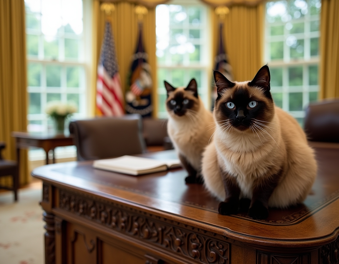 Cat perched on the Resolute Desk in the Oval Office, basking in the dignified atmosphere of the new administration.