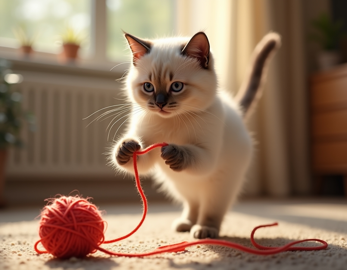 Cat pounces on a colorful ball of yarn on a wooden floor. The scene is bathed in soft sunlight streaming through a window, with a cozy room in the background.