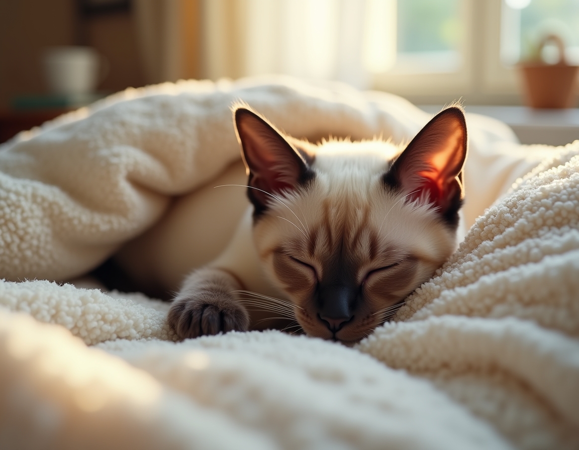Cat is nestled under soft blankets on a bed, its eyes half-closed in peaceful relaxation. Morning sunlight streams through a nearby window, highlighting the soft textures of the bedding.