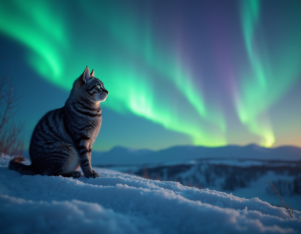 Cat watches in awe as the Northern Lights light up the night sky, casting vibrant colors across the snowy landscape, creating a surreal and magical winter adventure.