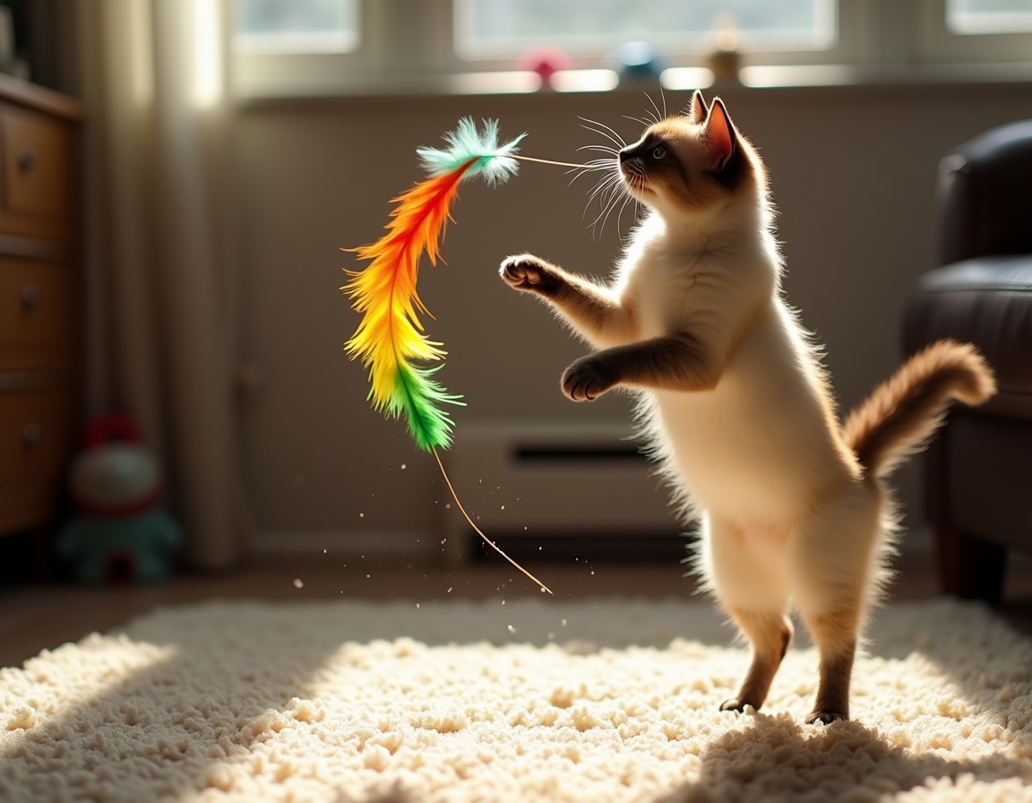 Cat leaps into the air, its paws reaching for a multicolored feather toy that flutters enticingly, bathed in golden sunlight in a cozy room.