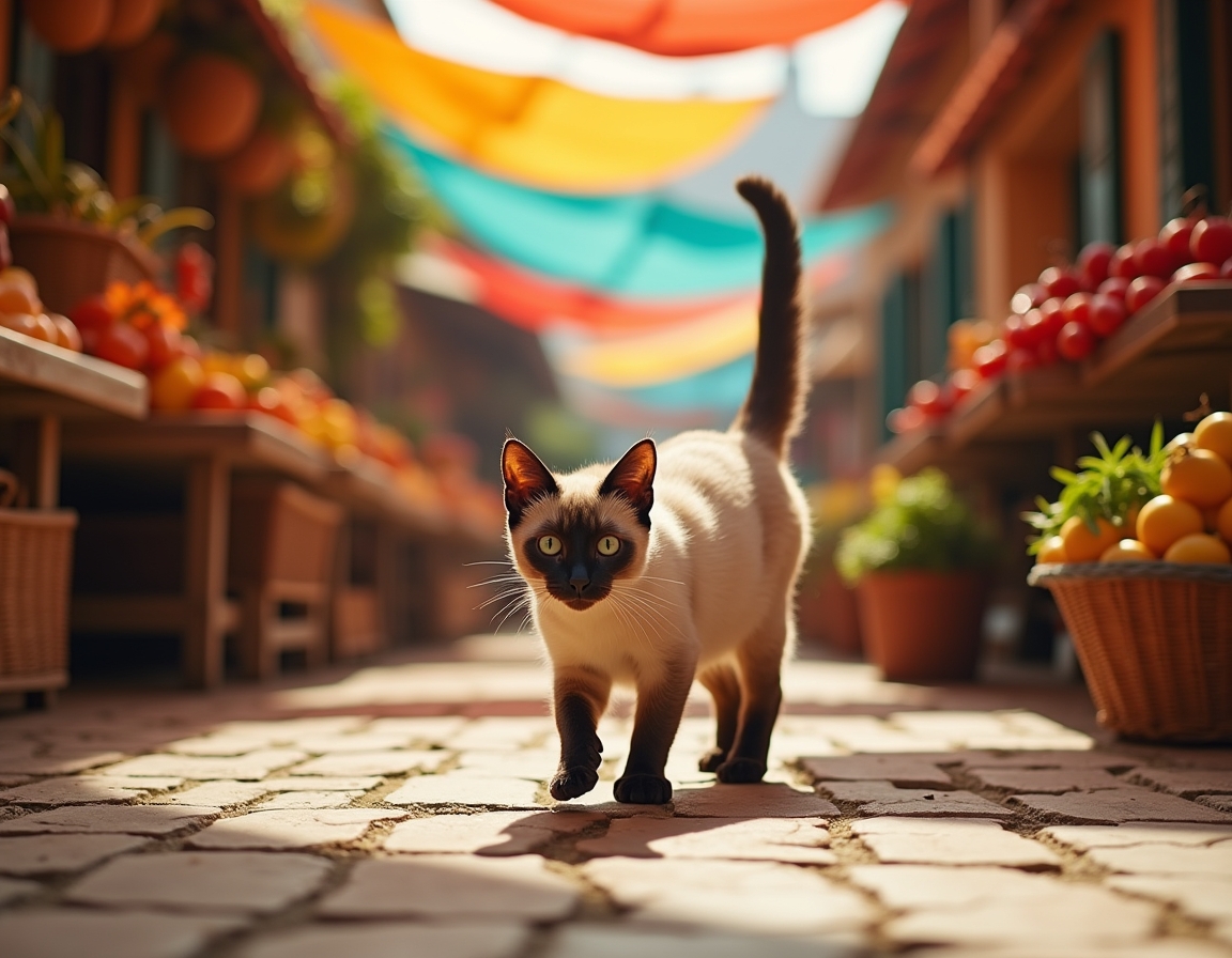 Cat wanders through a lively market, surrounded by fresh produce, baked goods, and aromas.