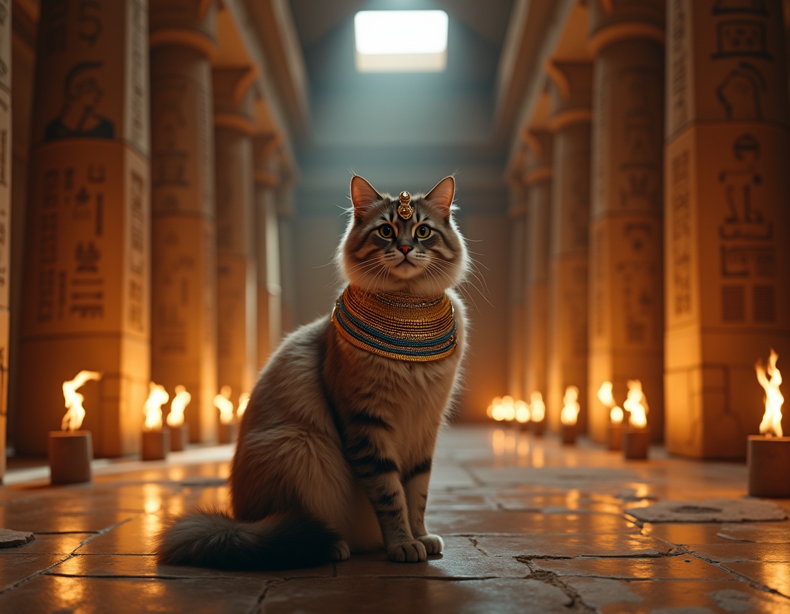 Cat dressed in luxurious golden regalia sits in an ancient Egyptian temple at night, surrounded by hieroglyphs and lit torches. The cat exudes the aura of a revered feline goddess, capturing the timeless majesty of ancient Egypt.