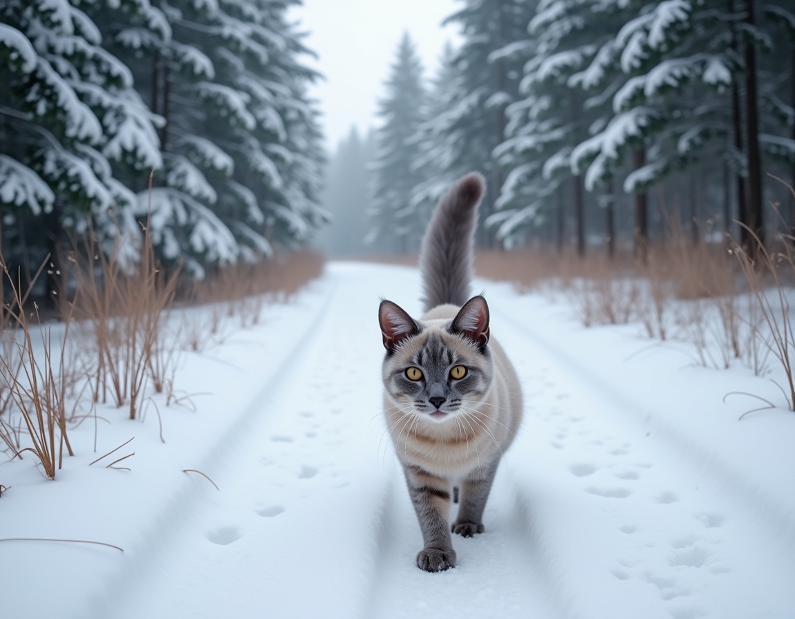 Cat walks along a snowy winter trail, leaving footprints in the fresh snow while surrounded by peaceful pine trees and gently falling snowflakes.