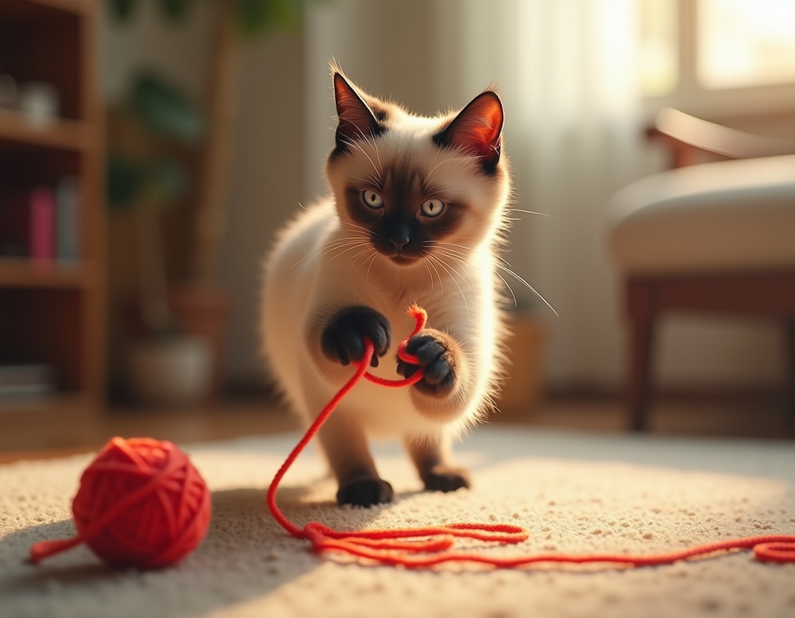 Cat pounces on a colorful ball of yarn on a wooden floor. The scene is bathed in soft sunlight streaming through a window, with a cozy room in the background.