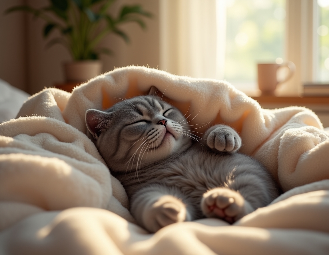 Cat is nestled under soft blankets on a bed, its eyes half-closed in peaceful relaxation. Morning sunlight streams through a nearby window, highlighting the soft textures of the bedding.