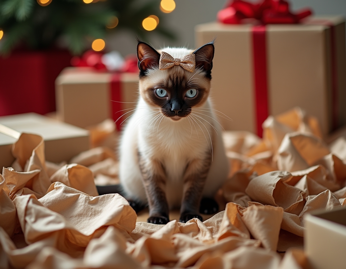 Playful cat surrounded by crumpled wrapping paper, ribbons, and empty boxes, with a shiny bow on its head. Christmas decorations and half-wrapped presents complete the festive scene.