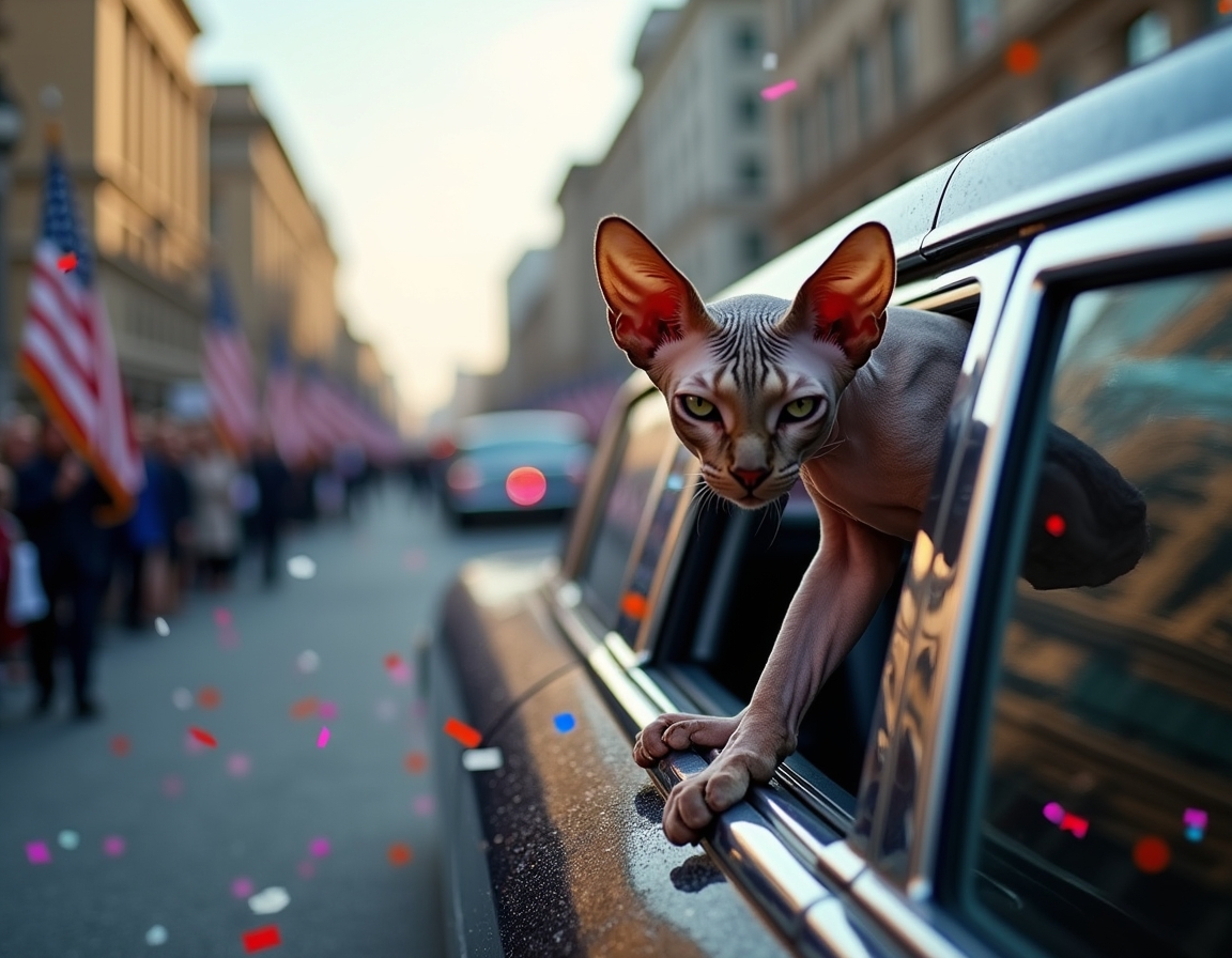 Cat in a celebratory motorcade, enjoying the confetti and cheering crowds during the inauguration parade.
