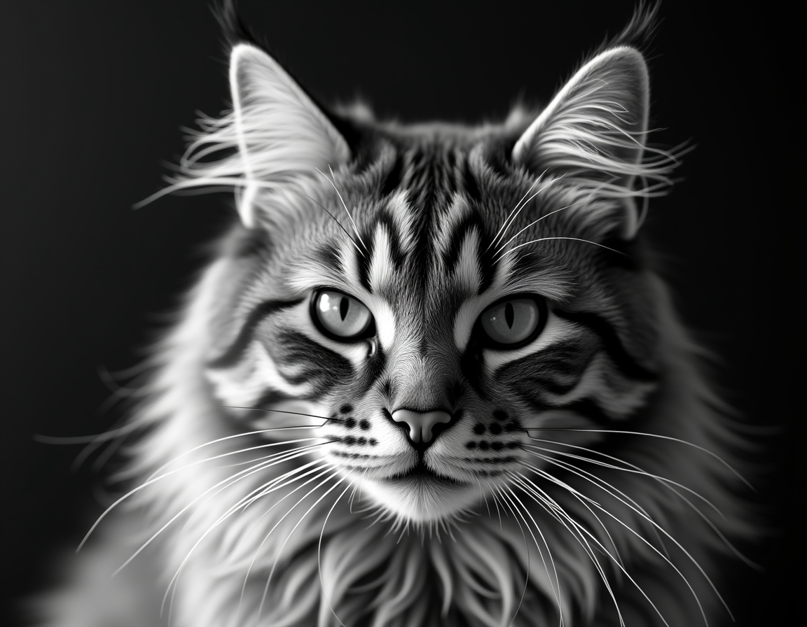 Close-up black and white studio portrait of a cat’s face, lit with soft diffused light. Every whisker, eyelash, and fur strand is rendered in hyper-detailed monochrome.