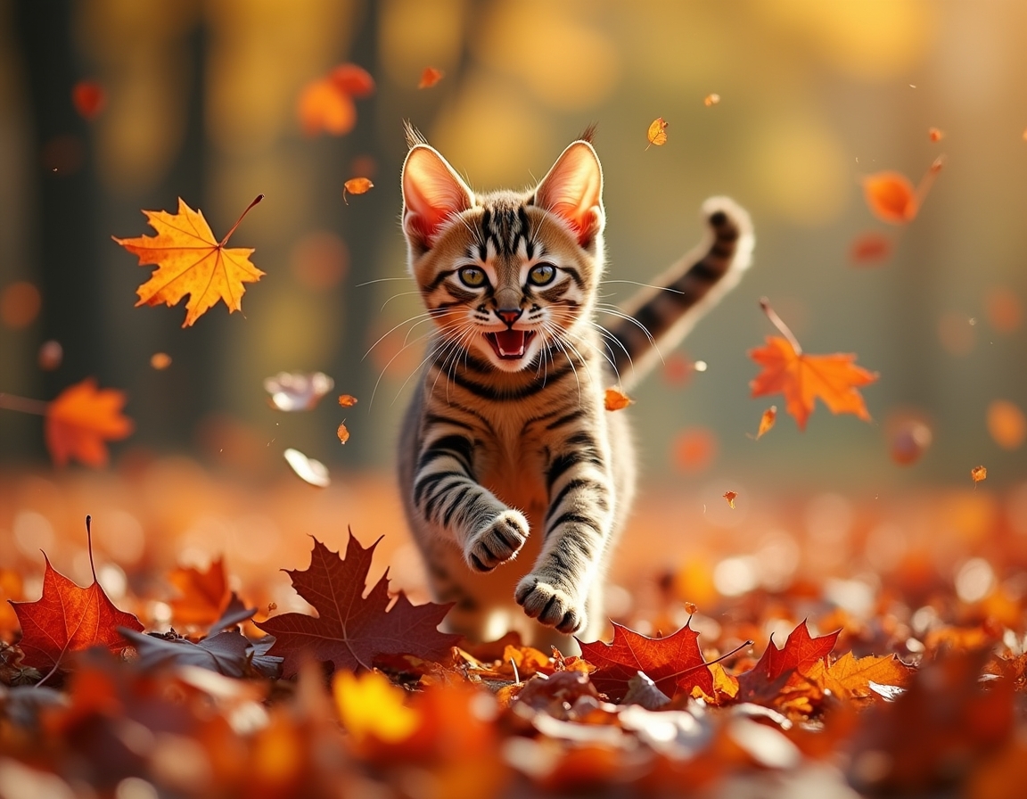 Cat jumps joyfully into a pile of autumn leaves, scattering vibrant colors and radiating playful energy.