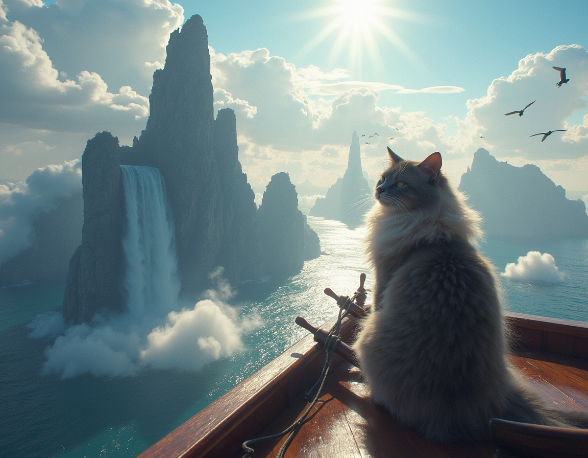 Cat captains a floating pirate ship that navigates between massive cloud-islands. Waterfalls spill over island edges, and mysterious winged creatures soar among the clouds, creating a thrilling, airborne fantasy voyage.
