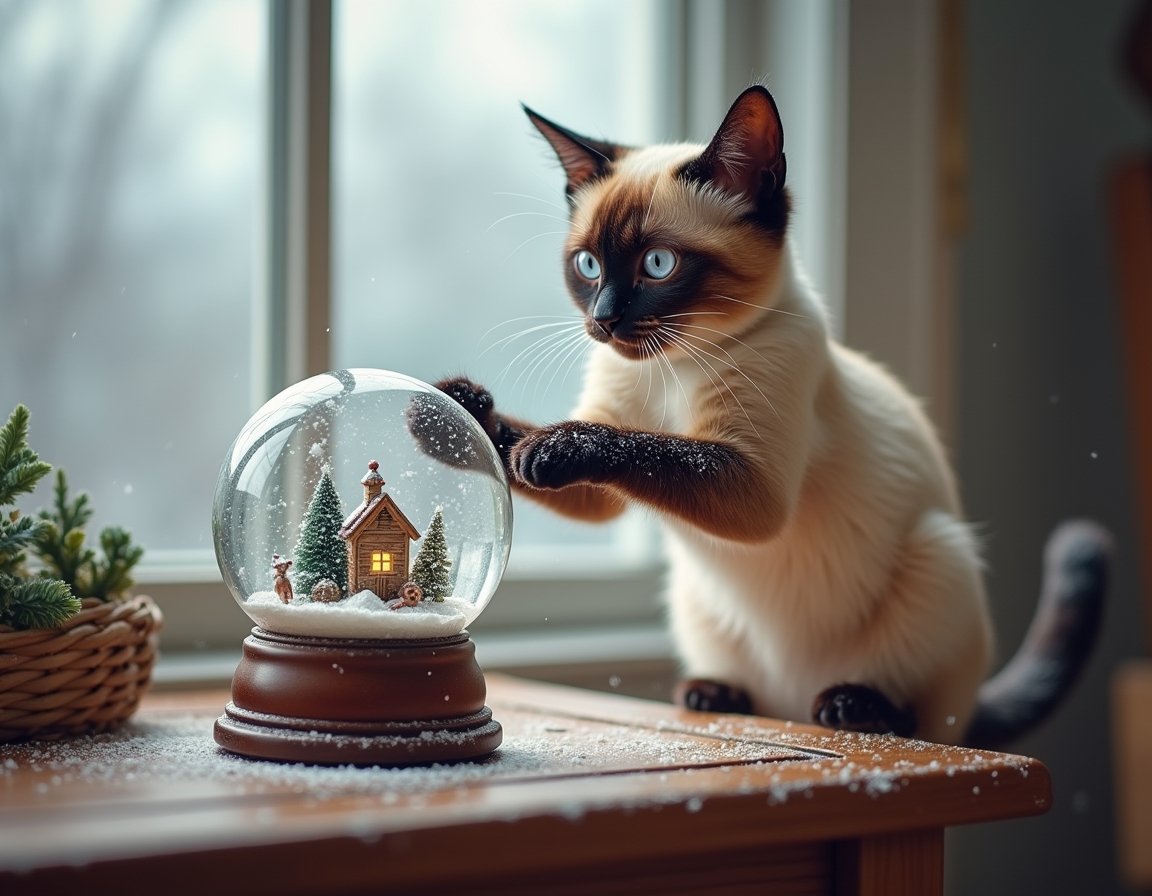 Playful cat bats at a snow globe on a table, mesmerized by the swirling snowflakes inside. The globe features a miniature Christmas village, while a snowy landscape is visible through the window in the background, enhancing the festive atmosphere.