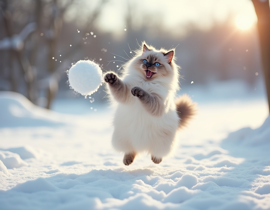 Cat leaps into the air, playfully trying to catch a snowball as it enjoys the winter wonderland with enthusiasm and excitement.