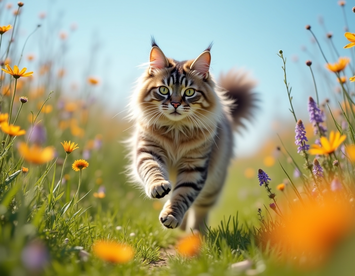 Cat enjoys the beauty of a flower-filled meadow, exploring the bright and colorful setting.