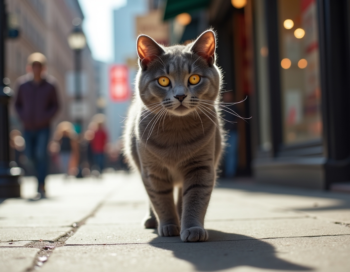 Cat strolls down a city sidewalk, confidently navigating the vibrant cityscape.