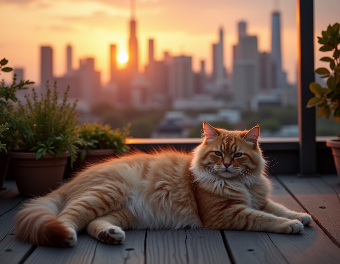 Cat relaxes on a rooftop terrace, enjoying the serenity above the urban buzz.