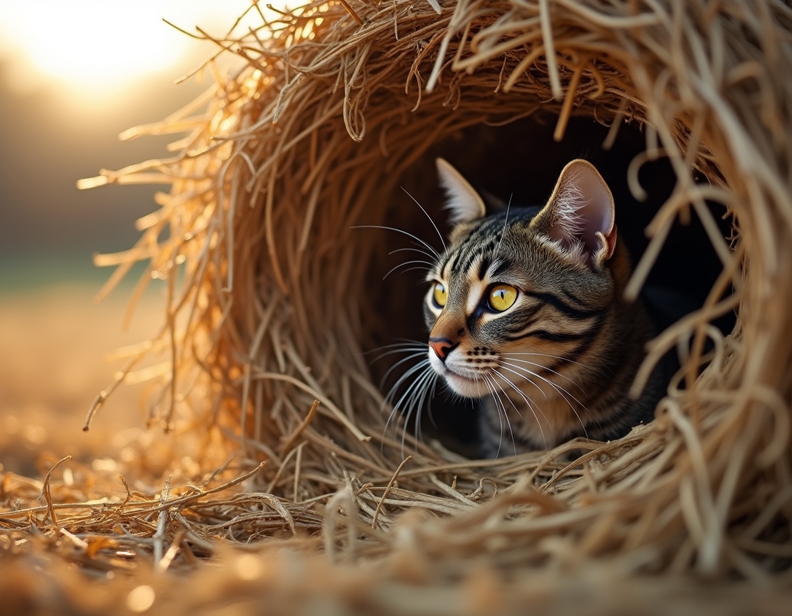 Cat finds a cozy nook within a haystack, soaking in the warmth and calm of the farm.