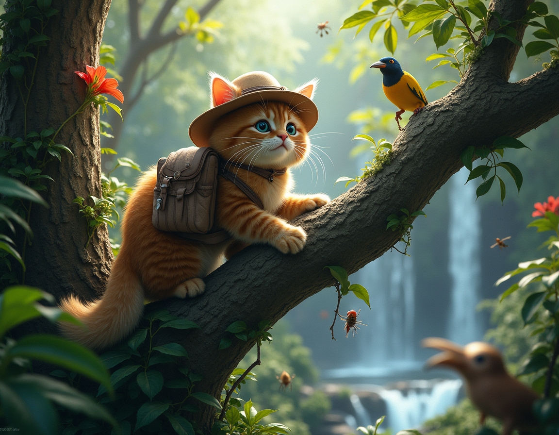 Cat wearing an explorer’s hat climbs a tree in a lush jungle. Waterfalls and dense greenery surround the scene, with sunlight filtering through the canopy.