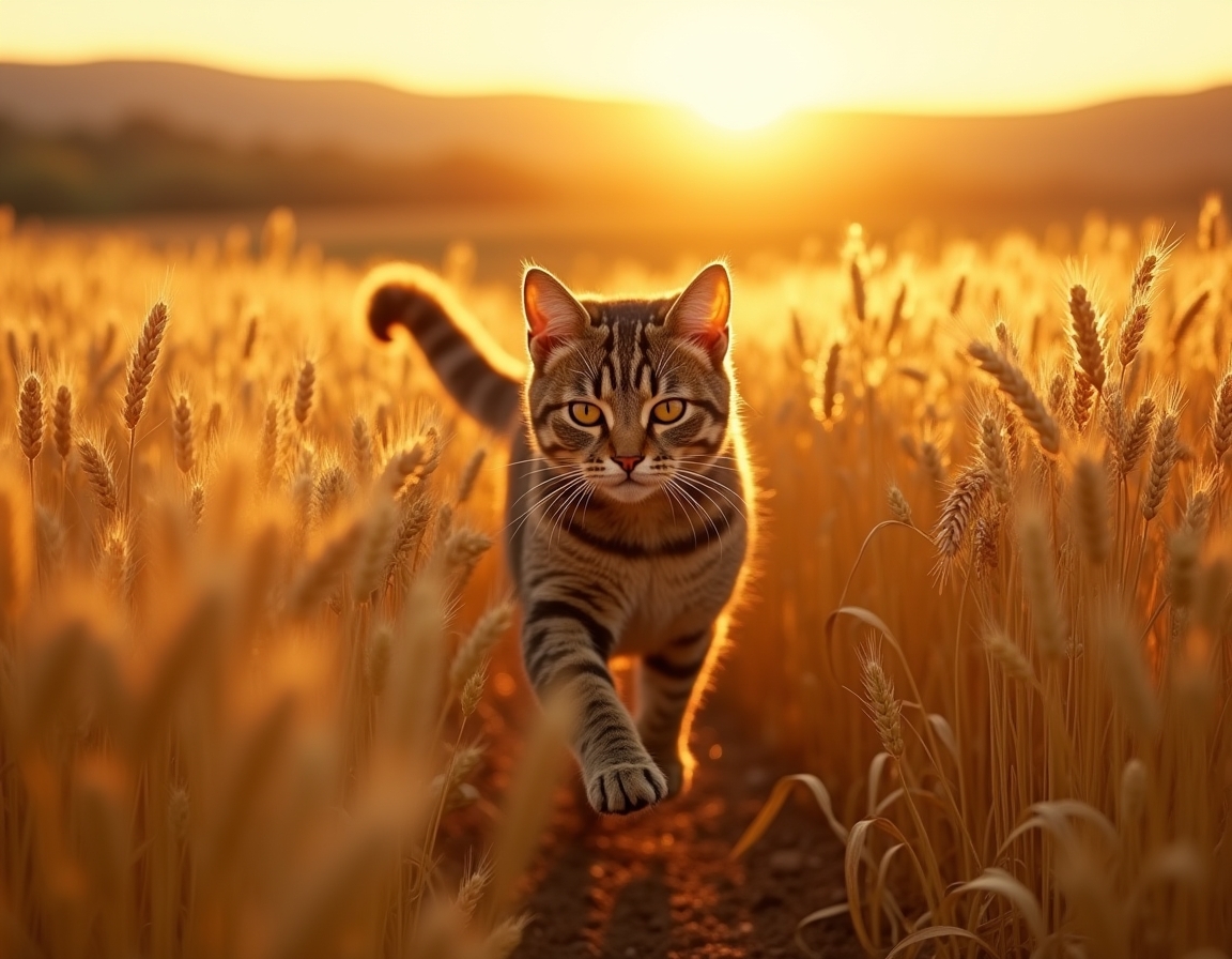 Cat sprints joyfully through a golden field, surrounded by waving wheat and warm light.