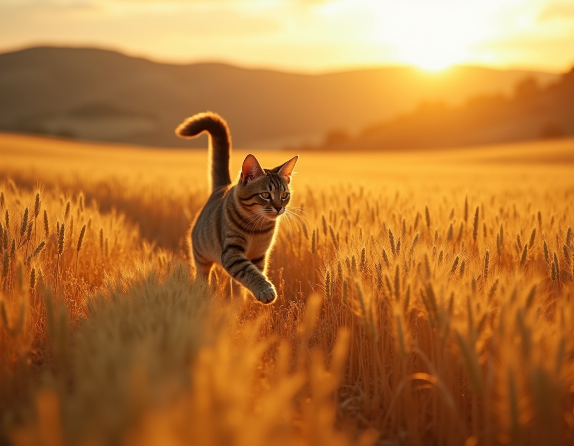 Cat sprints joyfully through a golden field, surrounded by waving wheat and warm light.