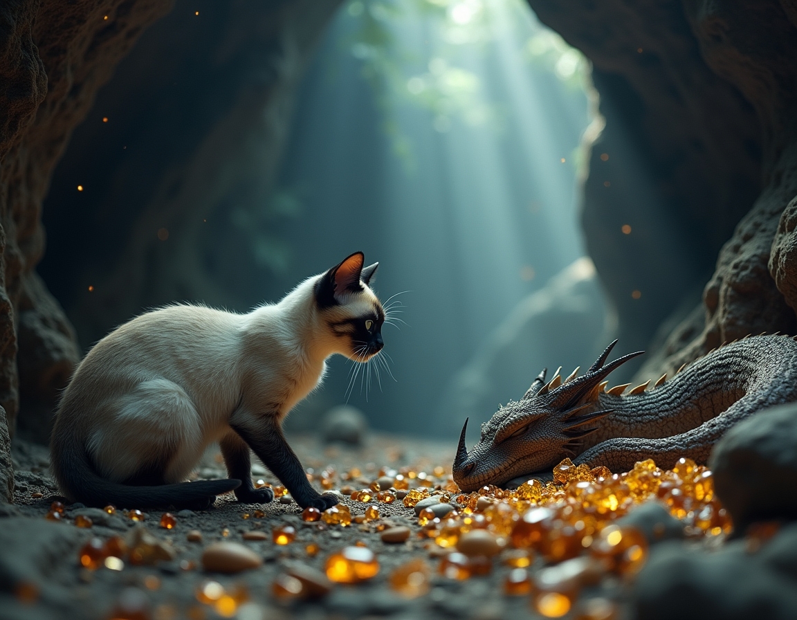Cat explores a hidden cavern where a dragon slumbers among piles of glittering gems. Subtle beams of light illuminate the cat’s cautious journey through this fantastical realm.