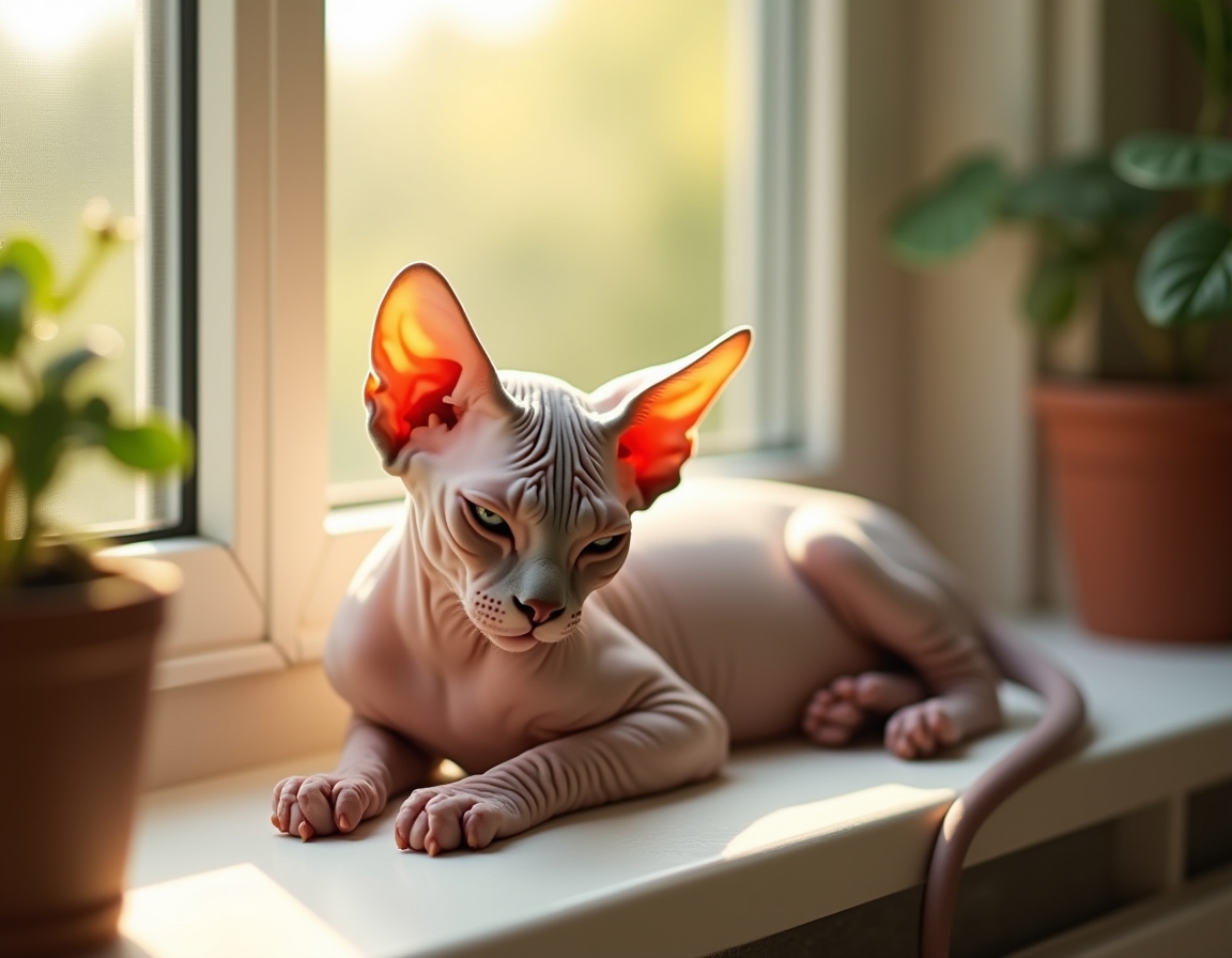 Relaxed cat lies on a sunlit windowsill, its fur glowing in the soft afternoon light. A small potted plant sits nearby, and the blurred background reveals trees outside.