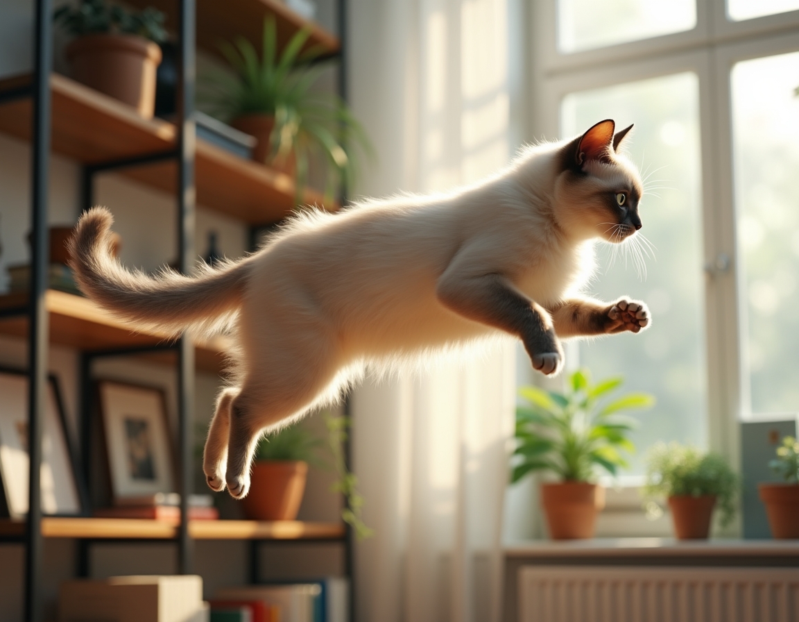 Cat leaps toward a tall shelf filled with books, plants, and framed photos. The room is well-lit with natural light, highlighting the cat’s graceful movement.