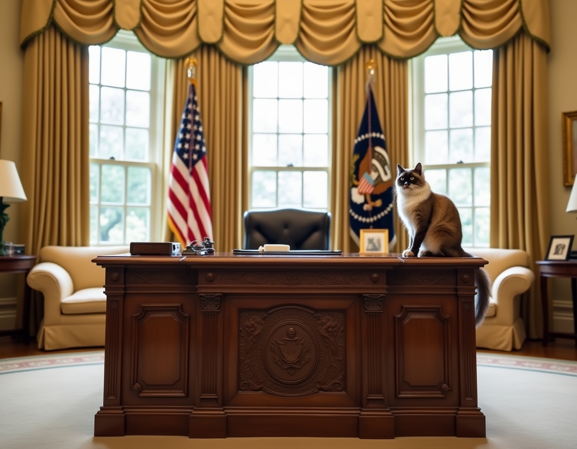 Cat perched on the Resolute Desk in the Oval Office, basking in the dignified atmosphere of the new administration.