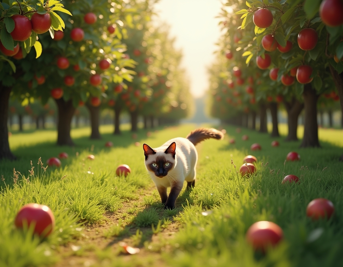 Cat explores an orchard filled with fragrant fruit and dappled sunlight.