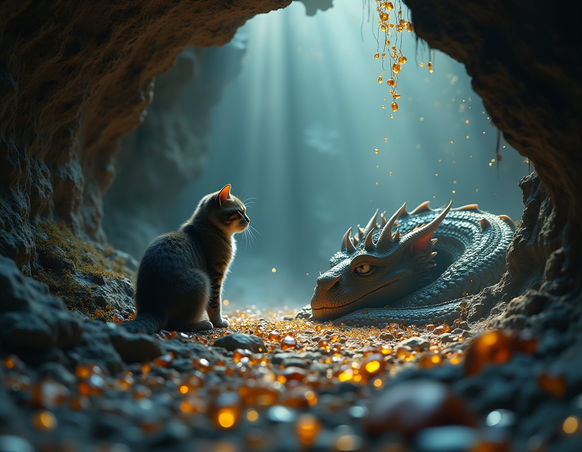 Cat explores a hidden cavern where a dragon slumbers among piles of glittering gems. Subtle beams of light illuminate the cat’s cautious journey through this fantastical realm.