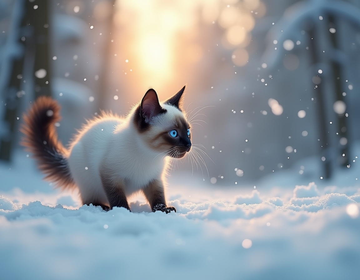 Cat explores a tranquil snowy landscape, its fur dusted with snowflakes as it observes the serene winter forest, bathed in the soft glow of the setting sun.

