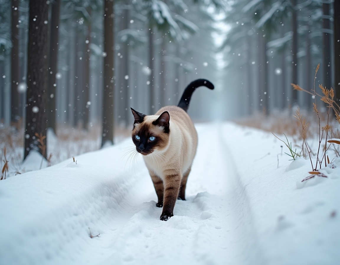 Cat walks along a snowy winter trail, leaving footprints in the fresh snow while surrounded by peaceful pine trees and gently falling snowflakes.