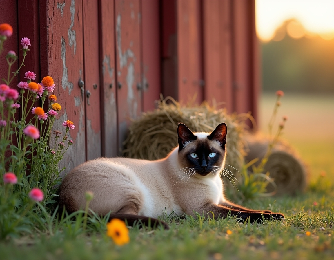 Cat rests peacefully near a barn, enjoying the tranquility of the countryside.