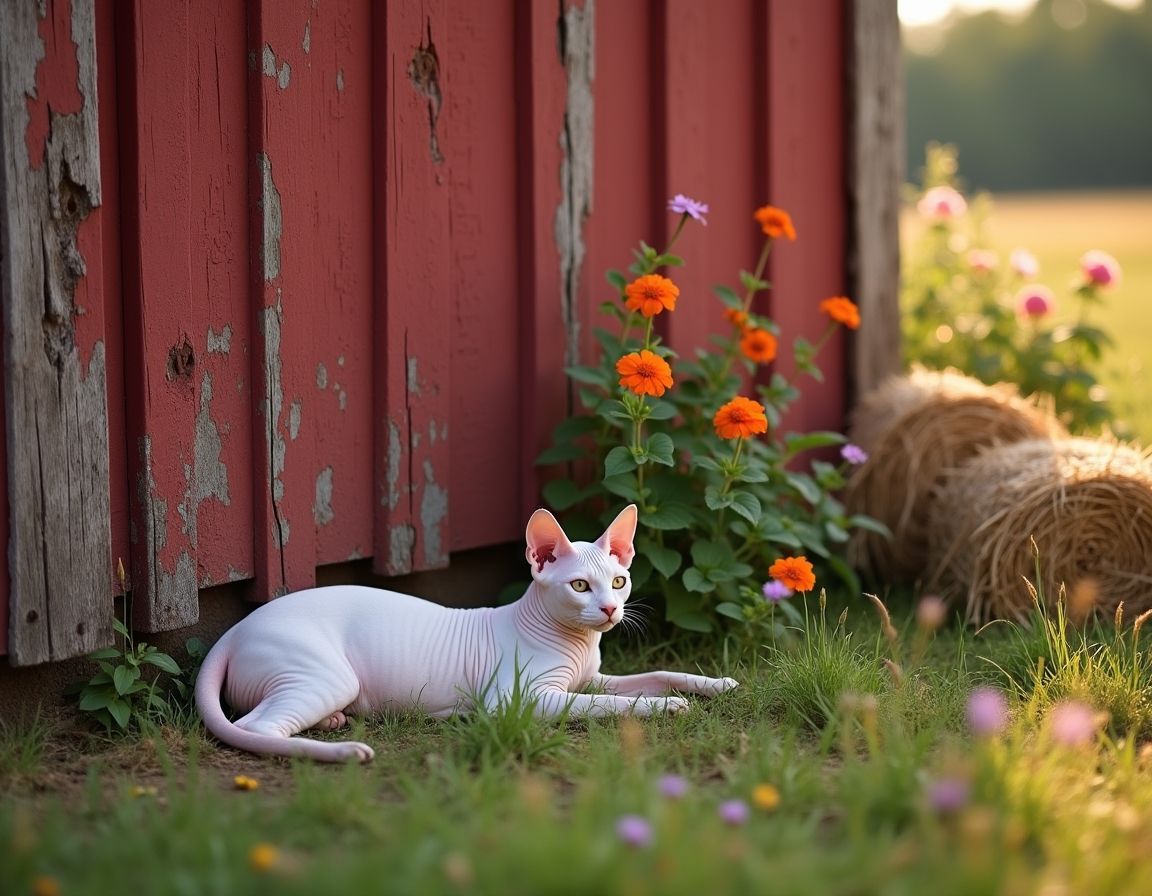 Cat rests peacefully near a barn, enjoying the tranquility of the countryside.