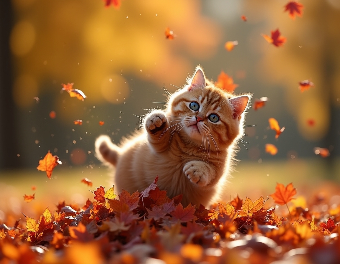 Cat jumps joyfully into a pile of autumn leaves, scattering vibrant colors and radiating playful energy.