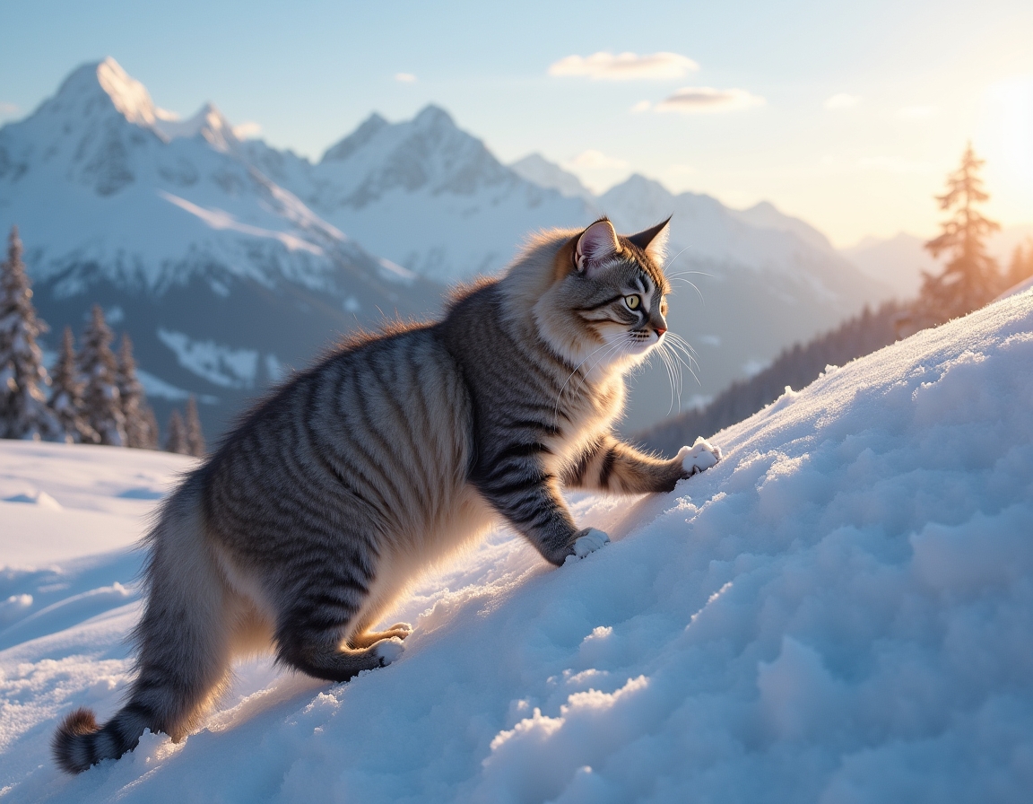 Cat climbs a snow-covered mountain, navigating the icy terrain with determination, surrounded by towering peaks and a breathtaking winter landscape.